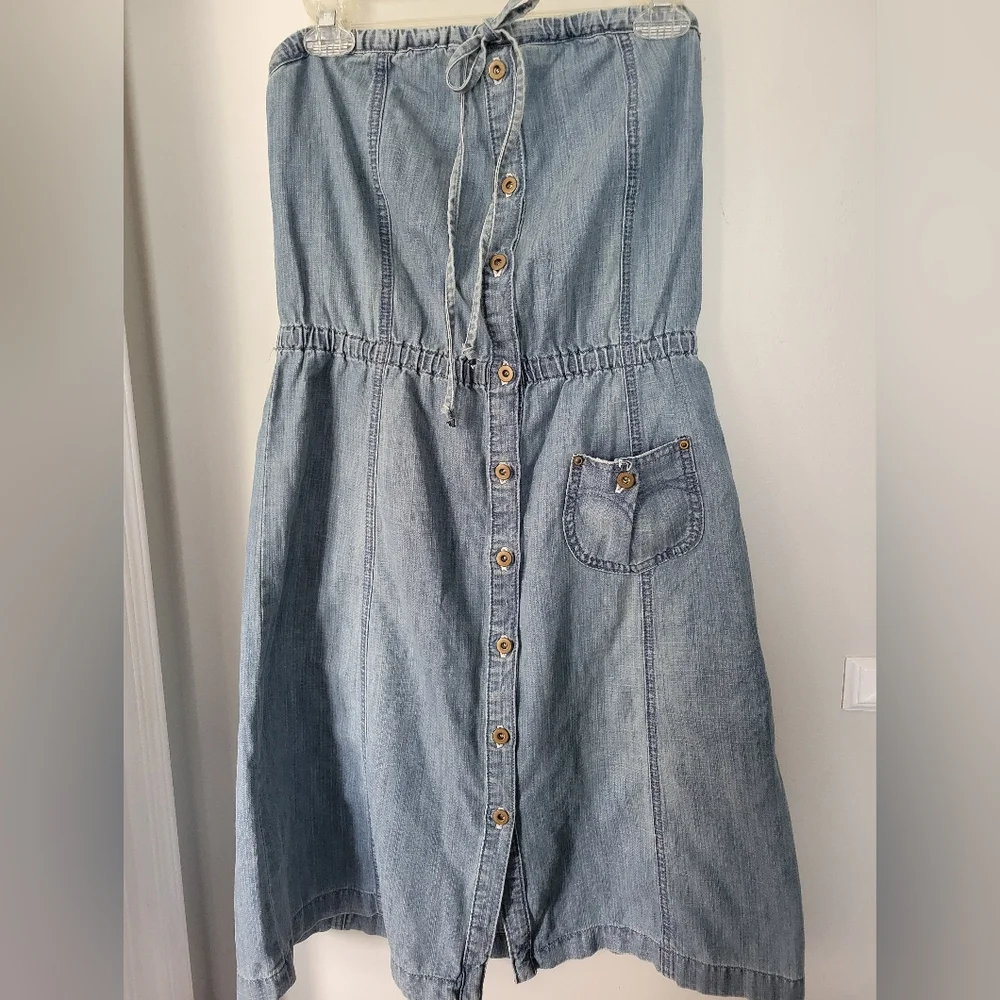 Y2K Levi's Strapless Cotton Denim Button Down Midi Length Dress - Picture 13 of 15